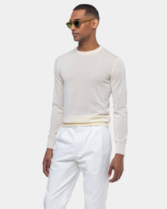 Pearl White Long Sleeved Crewneck Knitwear in Cashmere Mulberry Silk | Filatori