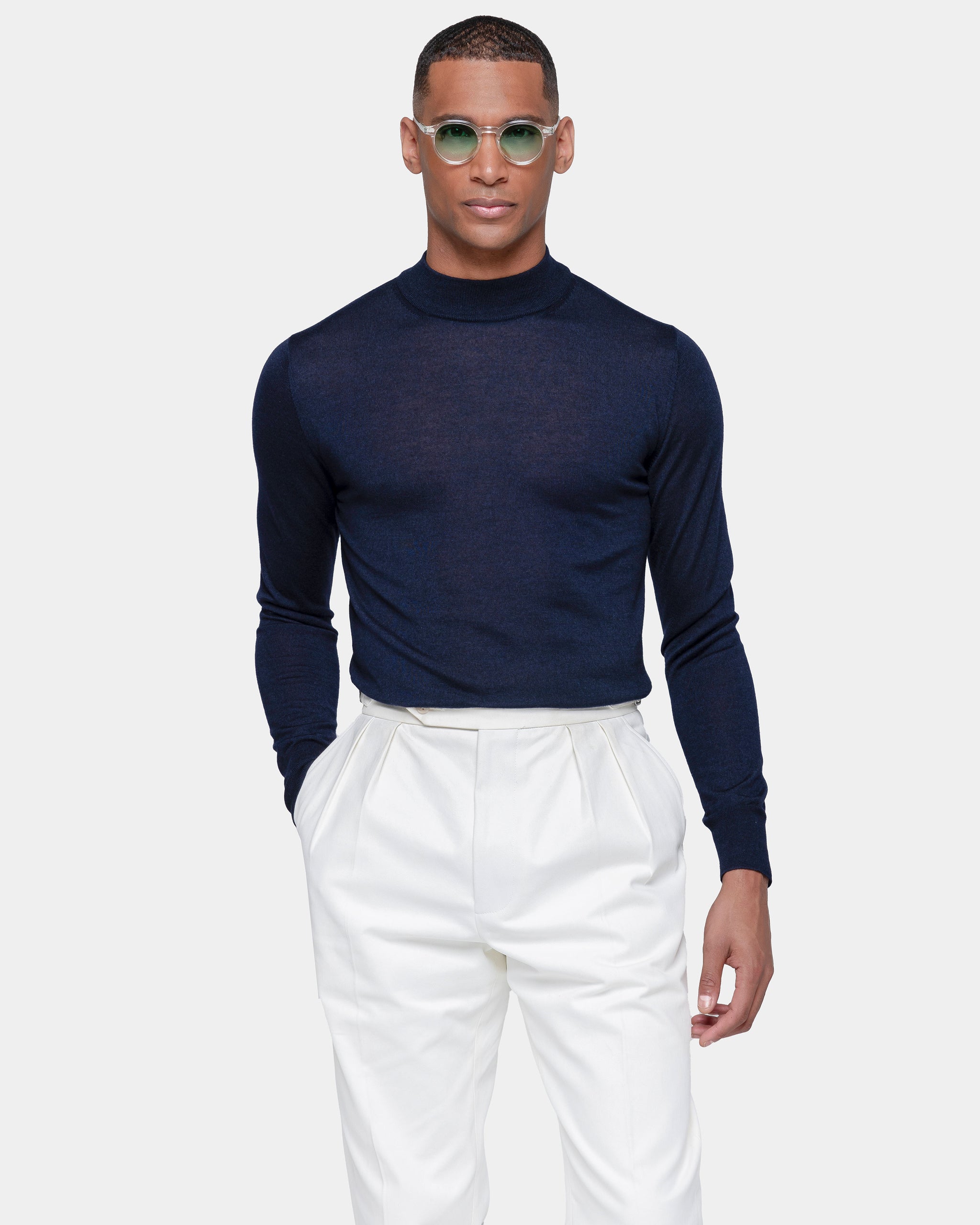 Blue Long Sleeved Highneck Knitwear in Cashmere Mulberry Silk | Filatori