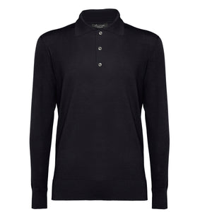 Black Long Sleeved Polo Knitwear in Organic Cotton Mulberry Silk | Filatori