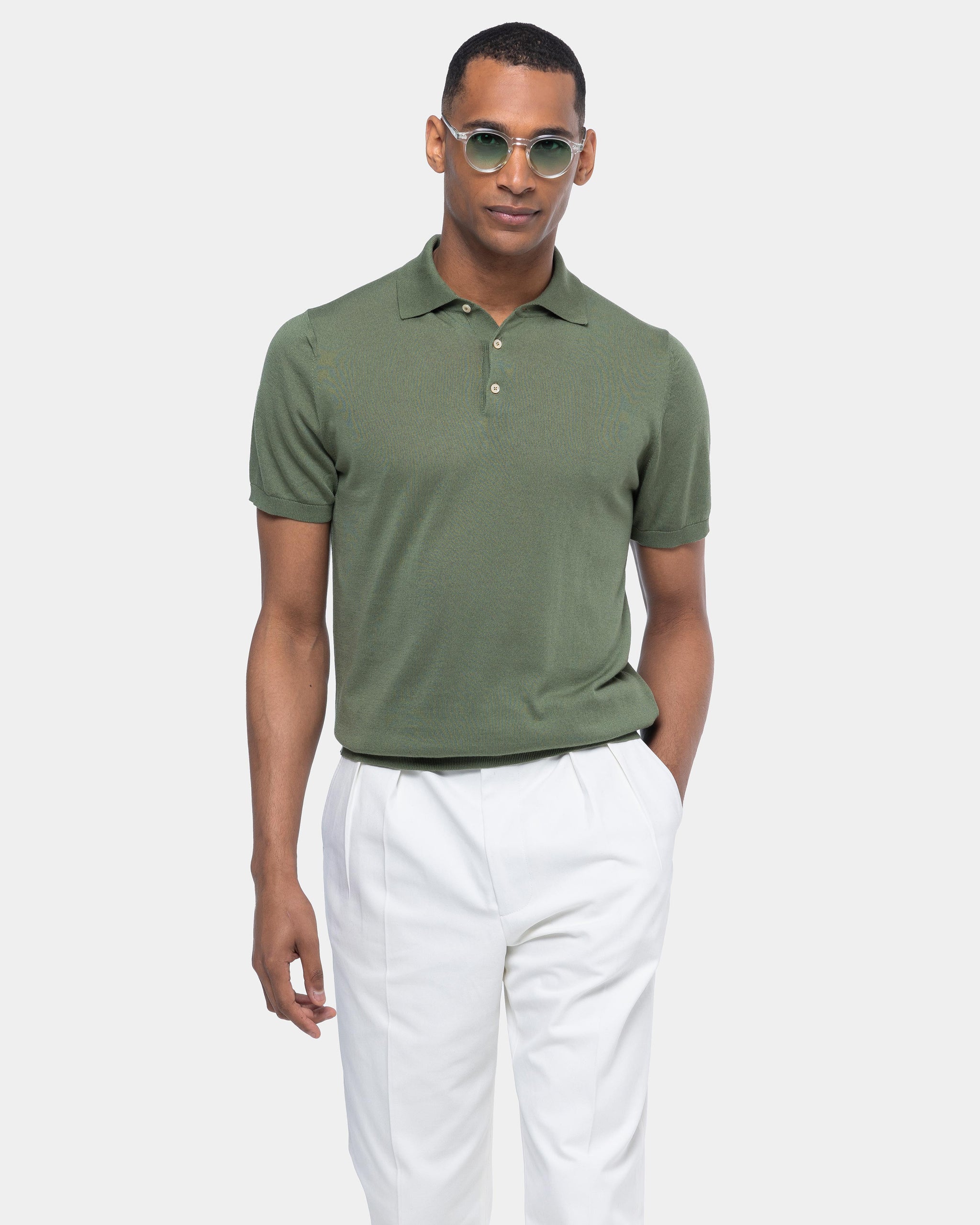 Military green Short Sleeve Polo Knitwear in Organic Cotton Mulberry Silk | Filatori