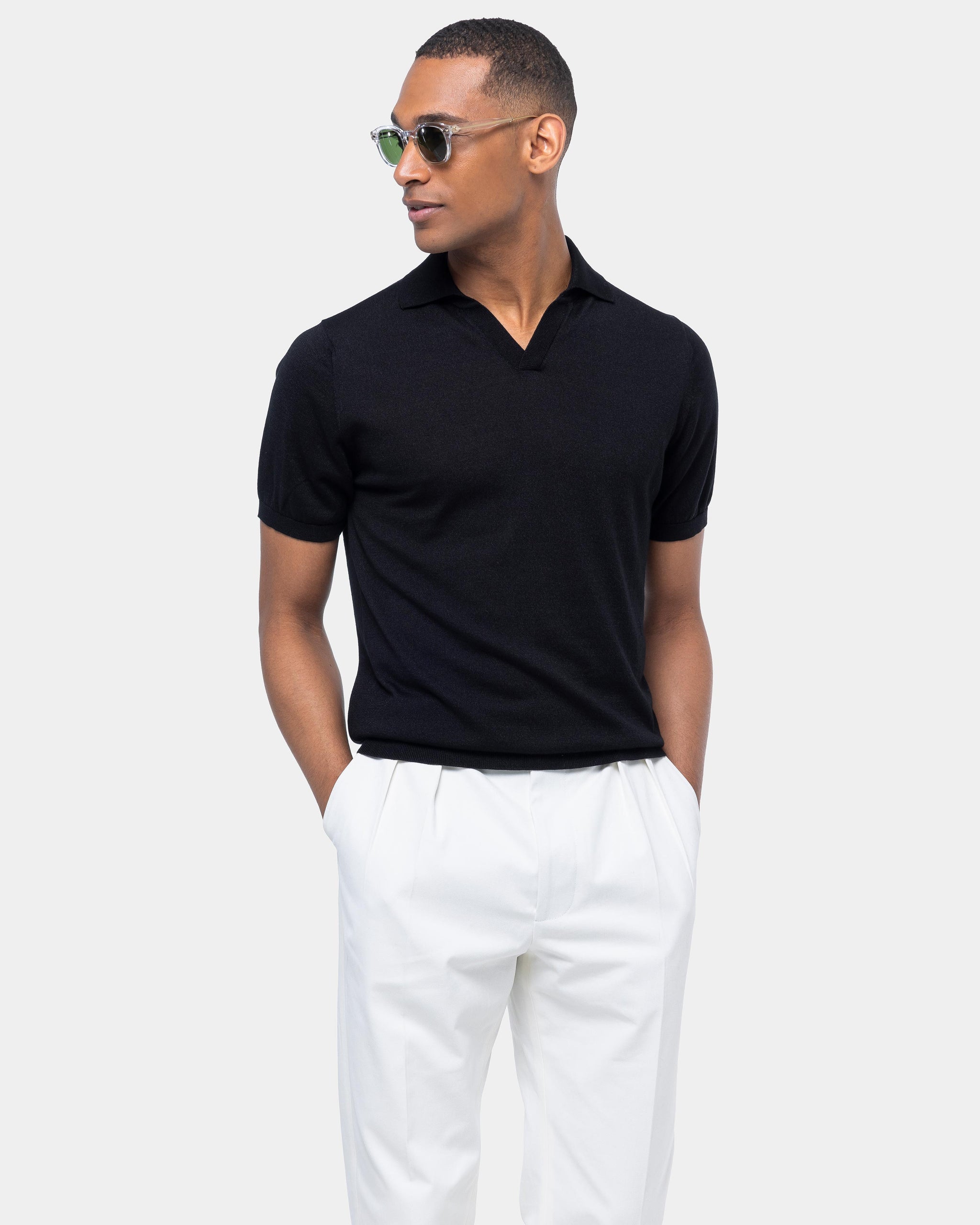 Black Short Sleeve Buttonless Polo Knitwear in Organic Cotton Mulberry Silk | Filatori