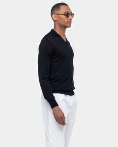 Black Long Sleeved Buttonless Polo Knitwear in Organic Cotton Mulberry Silk | Filatori