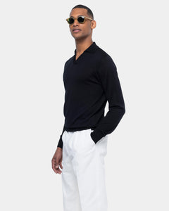 Black Long Sleeved Buttonless Polo Knitwear in Organic Cotton Mulberry Silk | Filatori