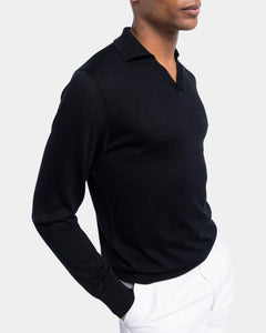 Black Long Sleeved Buttonless Polo Knitwear in Organic Cotton Mulberry Silk | Filatori