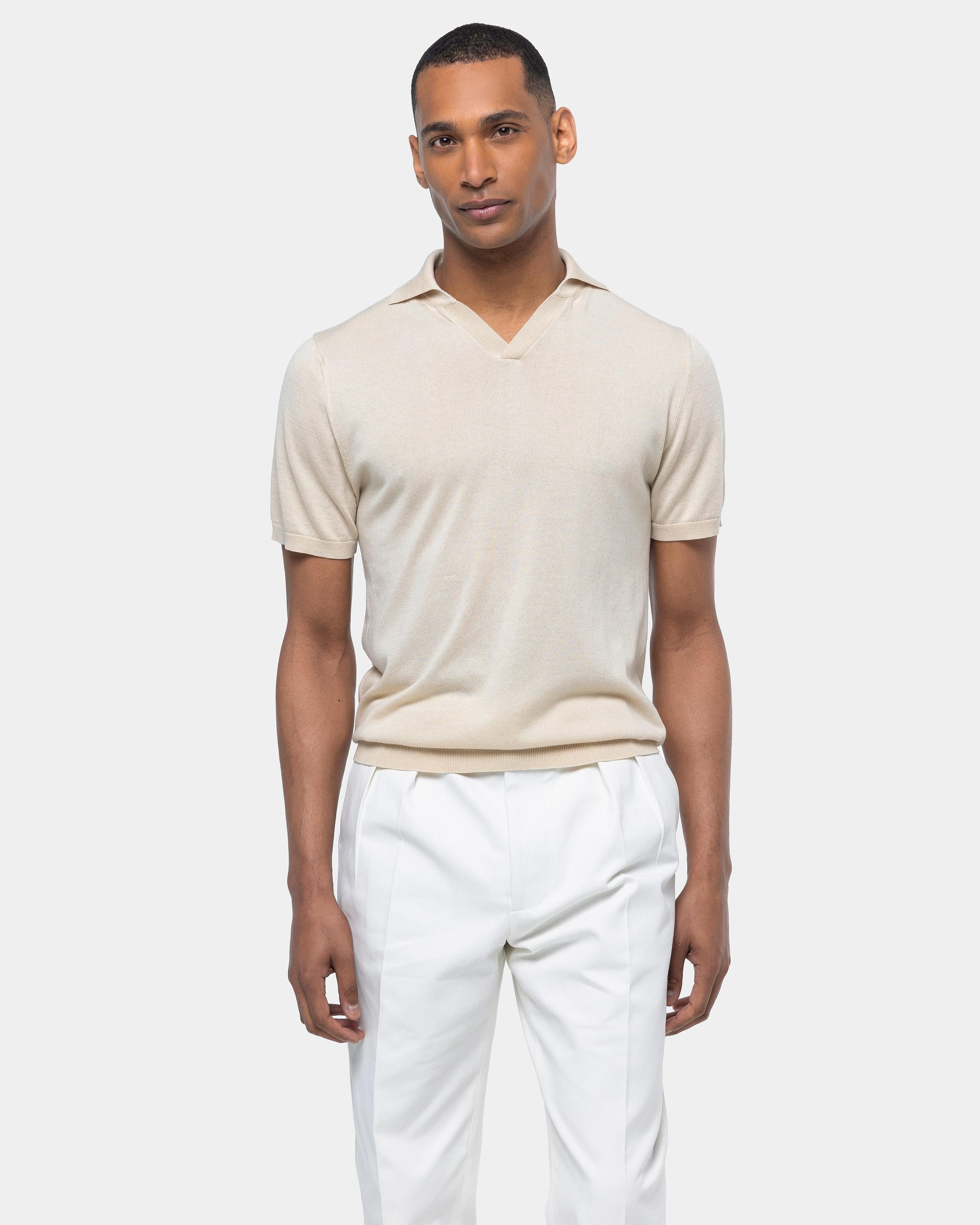 Sand Short Sleeve Buttonless Polo Knitwear in Organic Cotton Mulberry Silk | Filatori