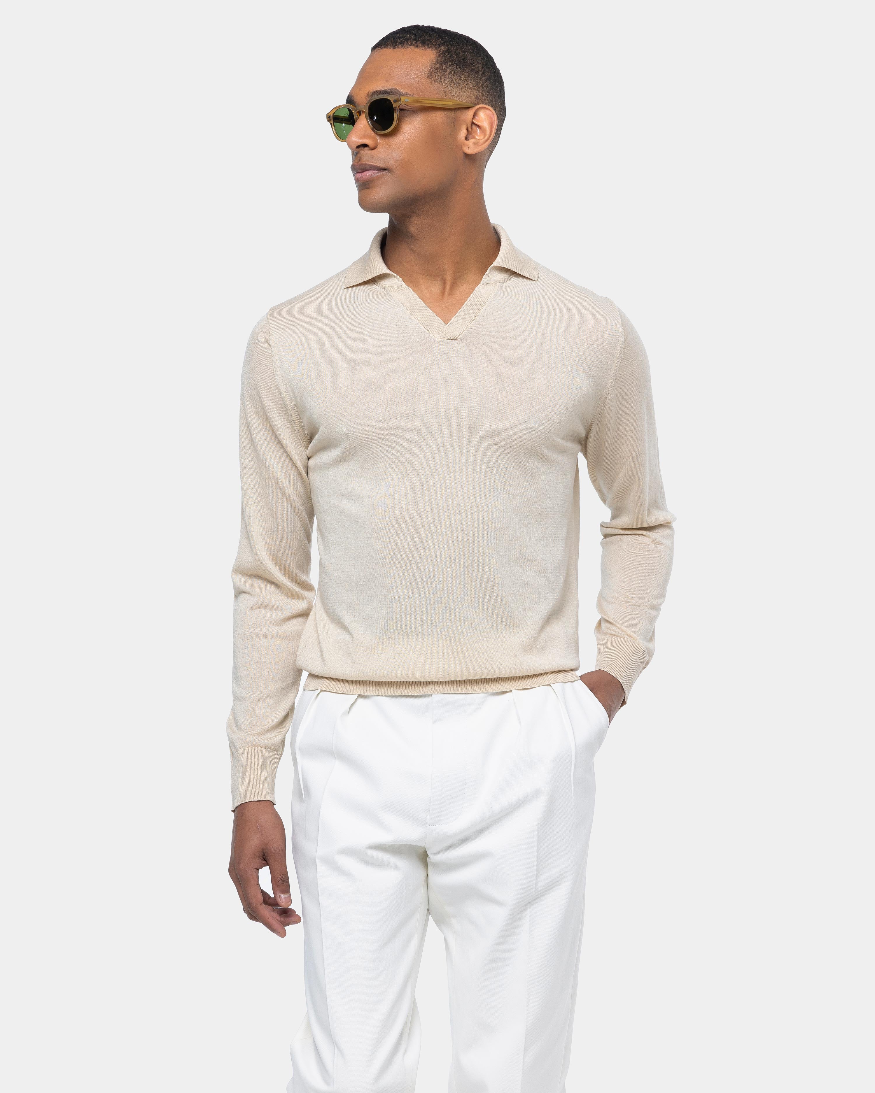 Sand Long Sleeved Buttonless Polo Knitwear in Organic Cotton Mulberry Silk Filatori