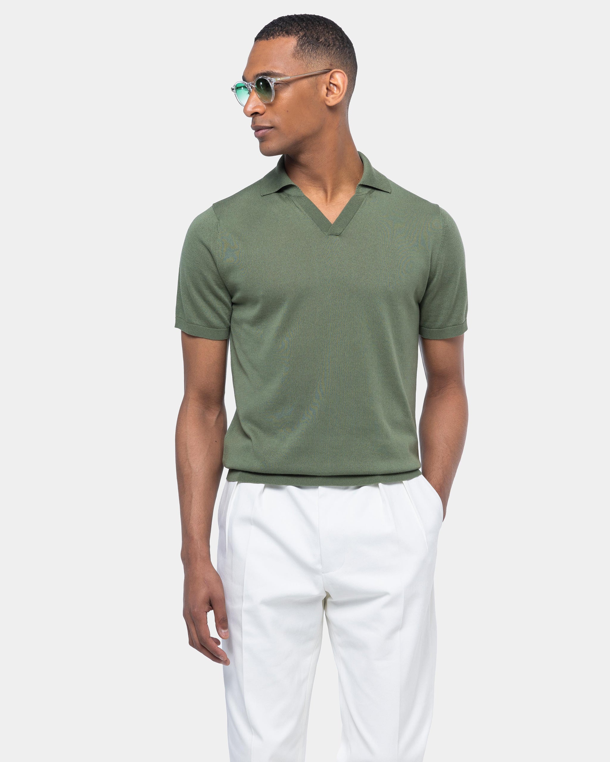 Military green Short Sleeve Buttonless Polo Knitwear in Organic Cotton Mulberry Silk | Filatori