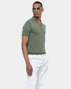 Military green Short Sleeve Buttonless Polo Knitwear in Organic Cotton Mulberry Silk | Filatori