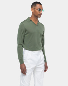 Military green Long Sleeved Buttonless Polo Knitwear in Organic Cotton Mulberry Silk | Filatori