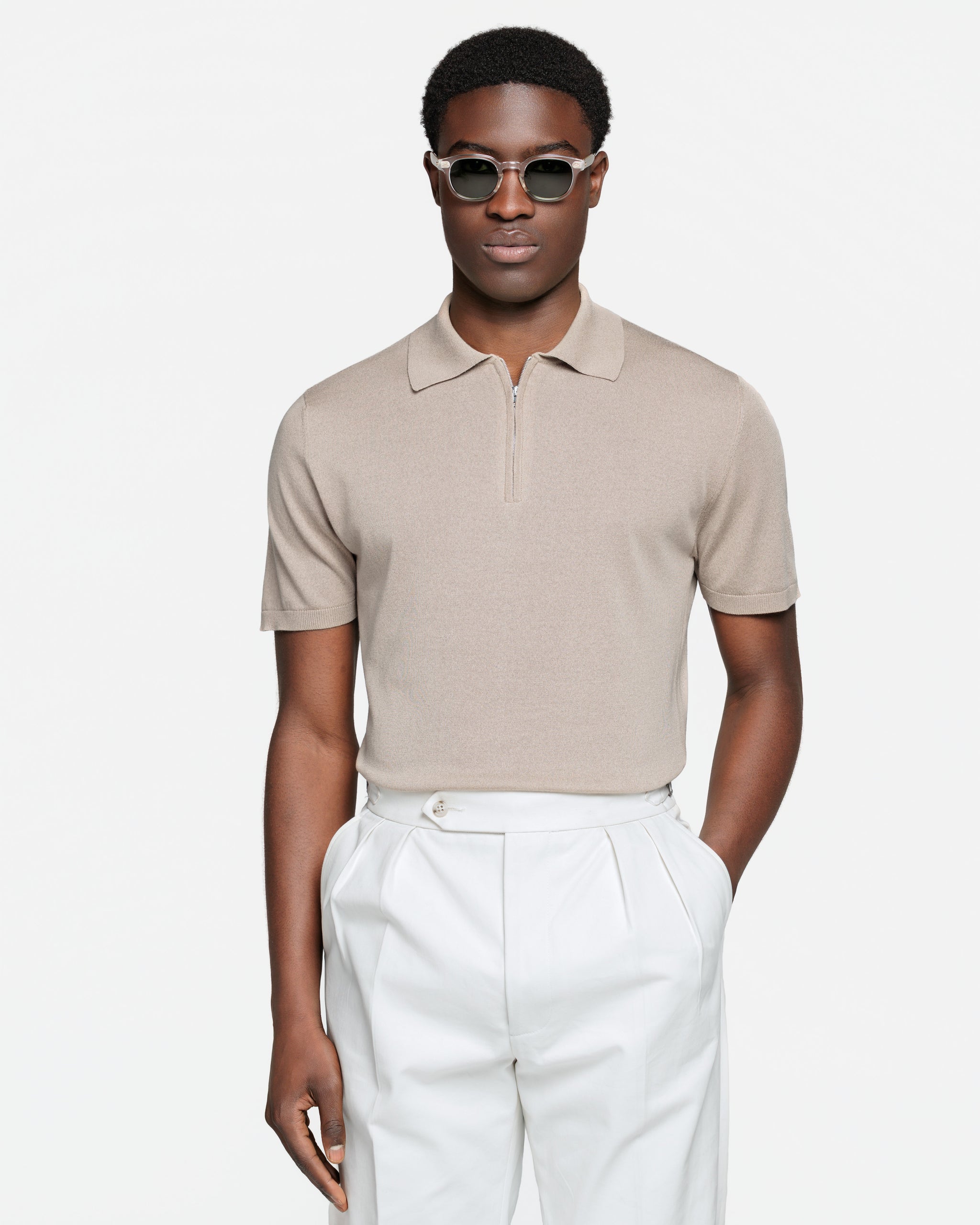 Maglia mezza manica Polo Zip tinta unita mandorla Cotone biologico e Seta Mulberry | Filatori
