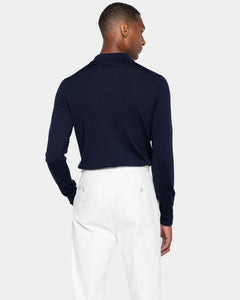 Maglia manica lunga Polo senza bottoni tinta unita Blu Cotone biologico e Seta Mulberry | Filatori