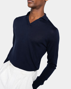 Maglia manica lunga Polo senza bottoni tinta unita Blu Cotone biologico e Seta Mulberry | Filatori