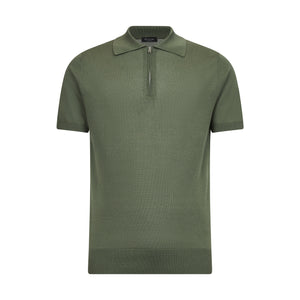 Maglia mezza manica Polo Zip tinta unita verde militare Cotone biologico e Seta Mulberry | Filatori