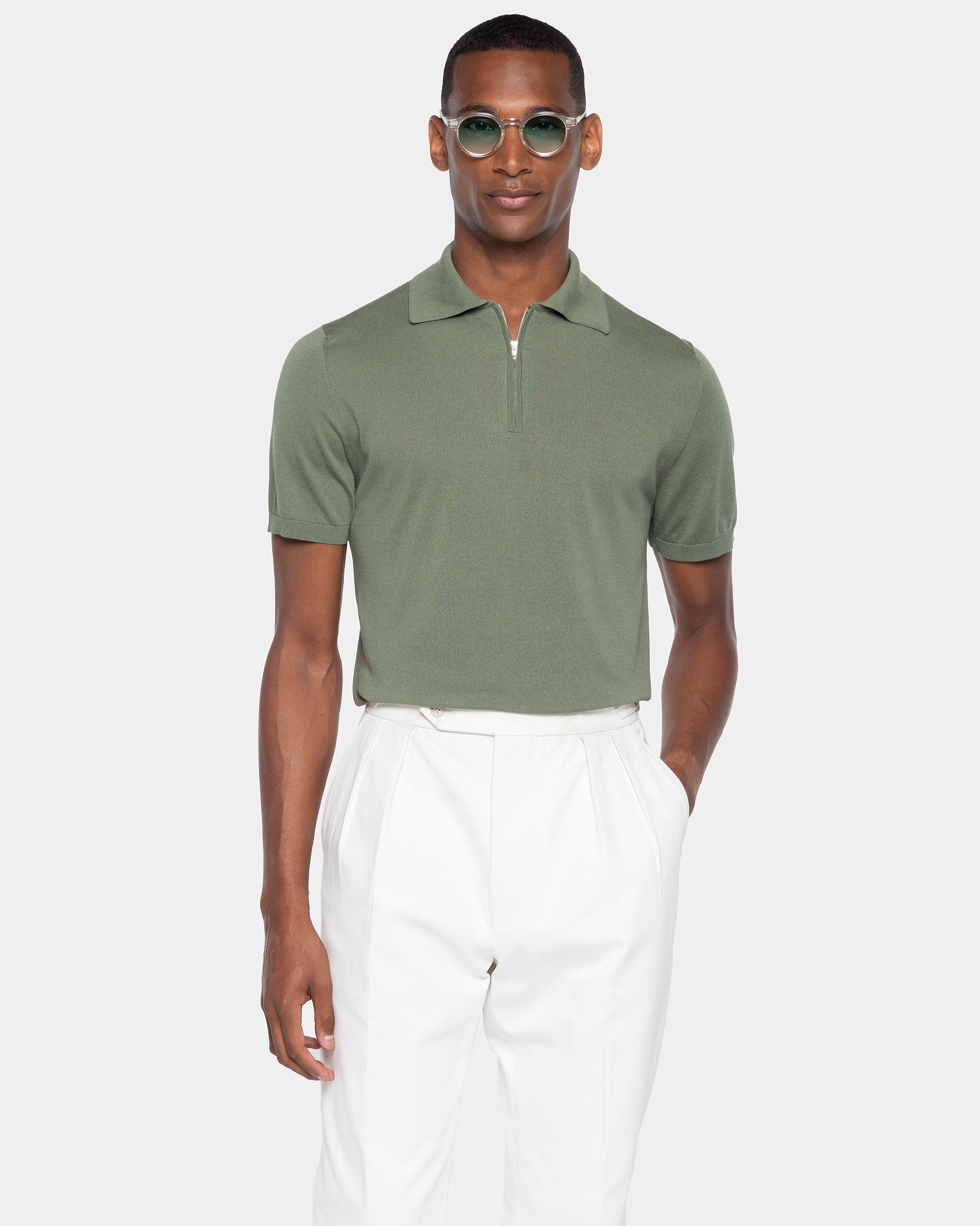 Maglia mezza manica Polo Zip tinta unita verde militare Cotone biologico e Seta Mulberry | Filatori