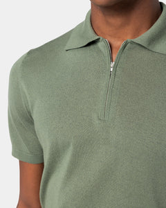Maglia mezza manica Polo Zip tinta unita verde militare Cotone biologico e Seta Mulberry | Filatori