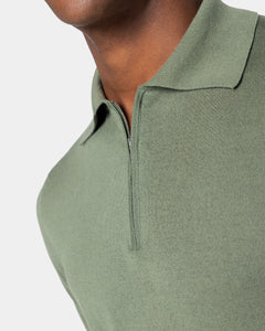 Maglia mezza manica Polo Zip tinta unita verde militare Cotone biologico e Seta Mulberry | Filatori