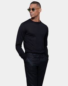 Black Long Sleeved Crewneck Knitwear in Extrafine Merino Wool and Silk | Filatori