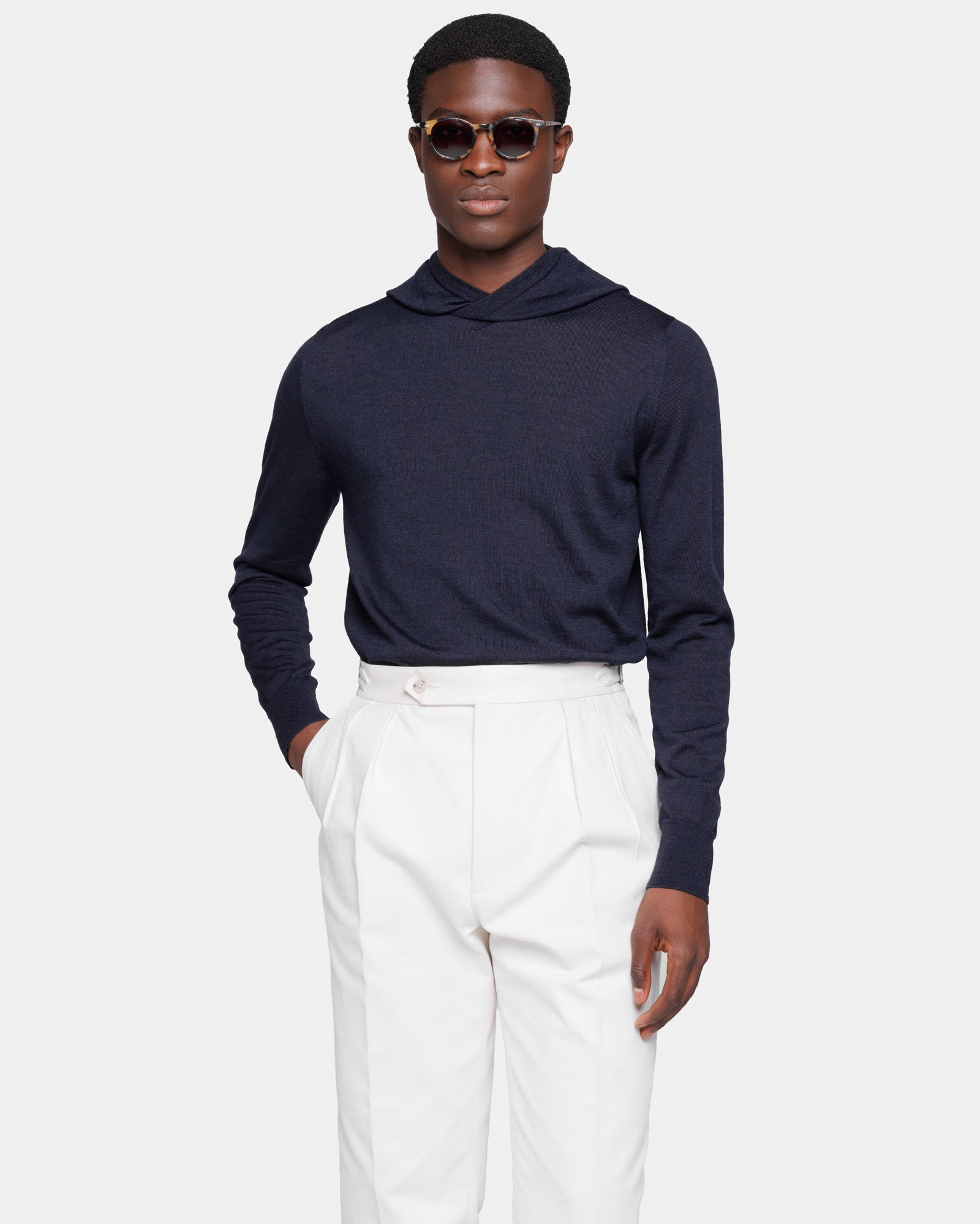 Maglia manica lunga con Cappuccio tinta unita Blu Navy Lana Seta | Filatori