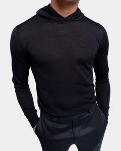 Black Long Sleeved Hoodie Knitwear in Extrafine Merino Wool and Silk | Filatori