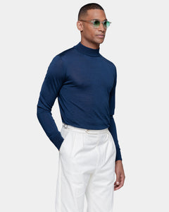 Blue Long Sleeved Highneck Knitwear in Extrafine Merino Wool and Silk | Filatori