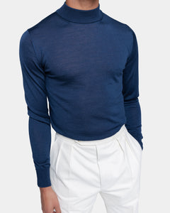 Blue Long Sleeved Highneck Knitwear in Extrafine Merino Wool and Silk | Filatori