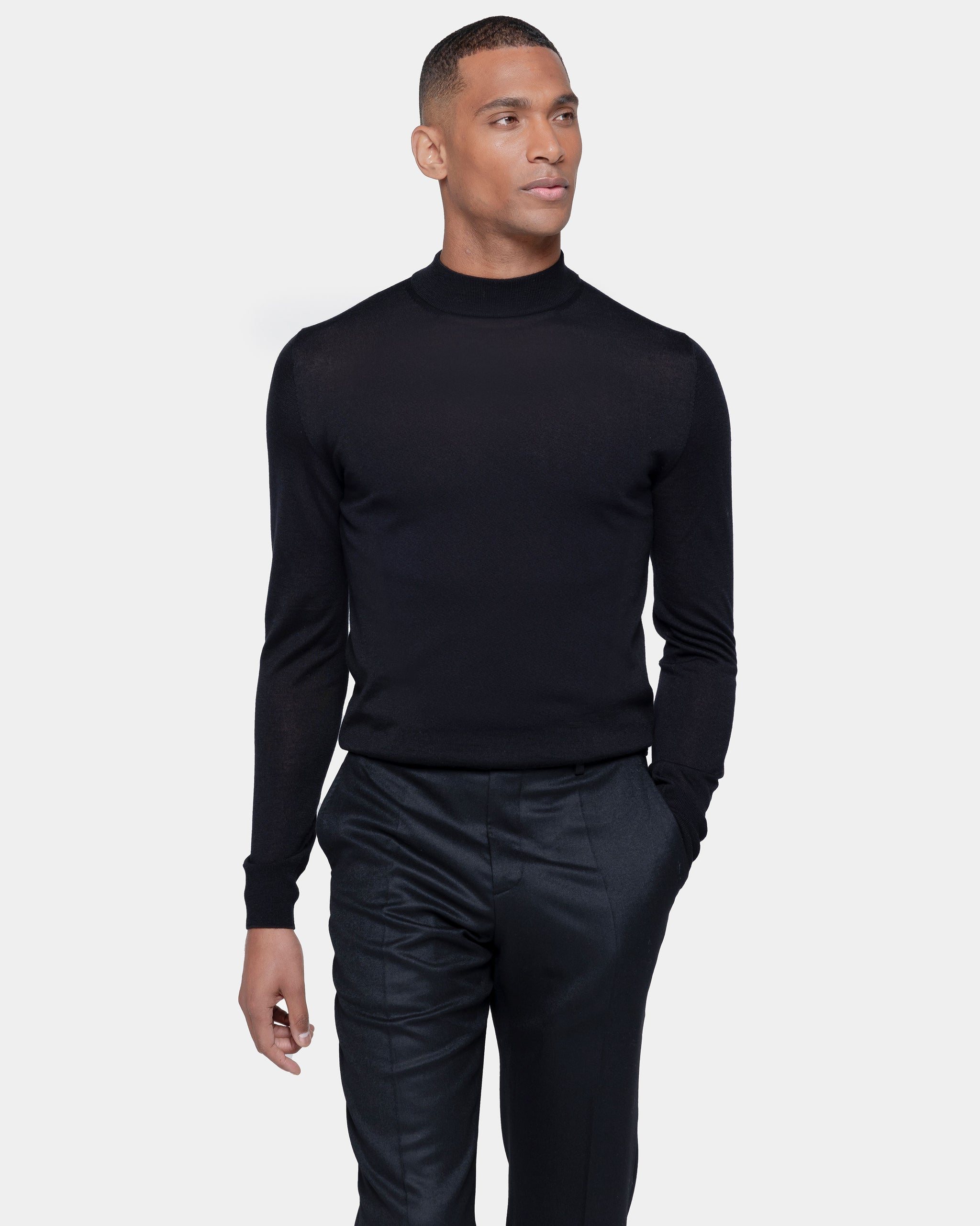 Black Long Sleeved Highneck Knitwear in Extrafine Merino Wool and Silk | Filatori