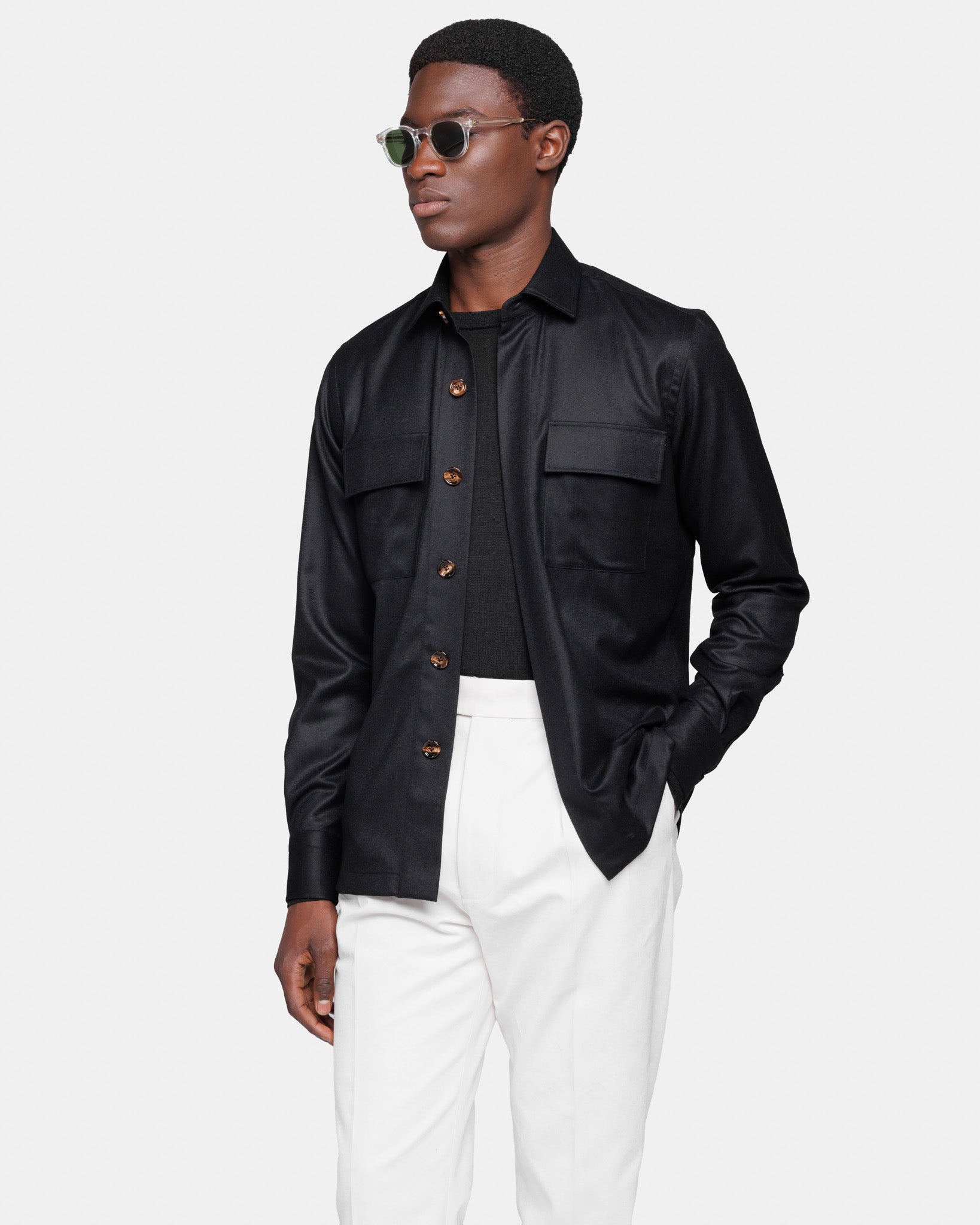 Overshirt tinta unita Nera Lana Saxon Merino Super 150's | Filatori