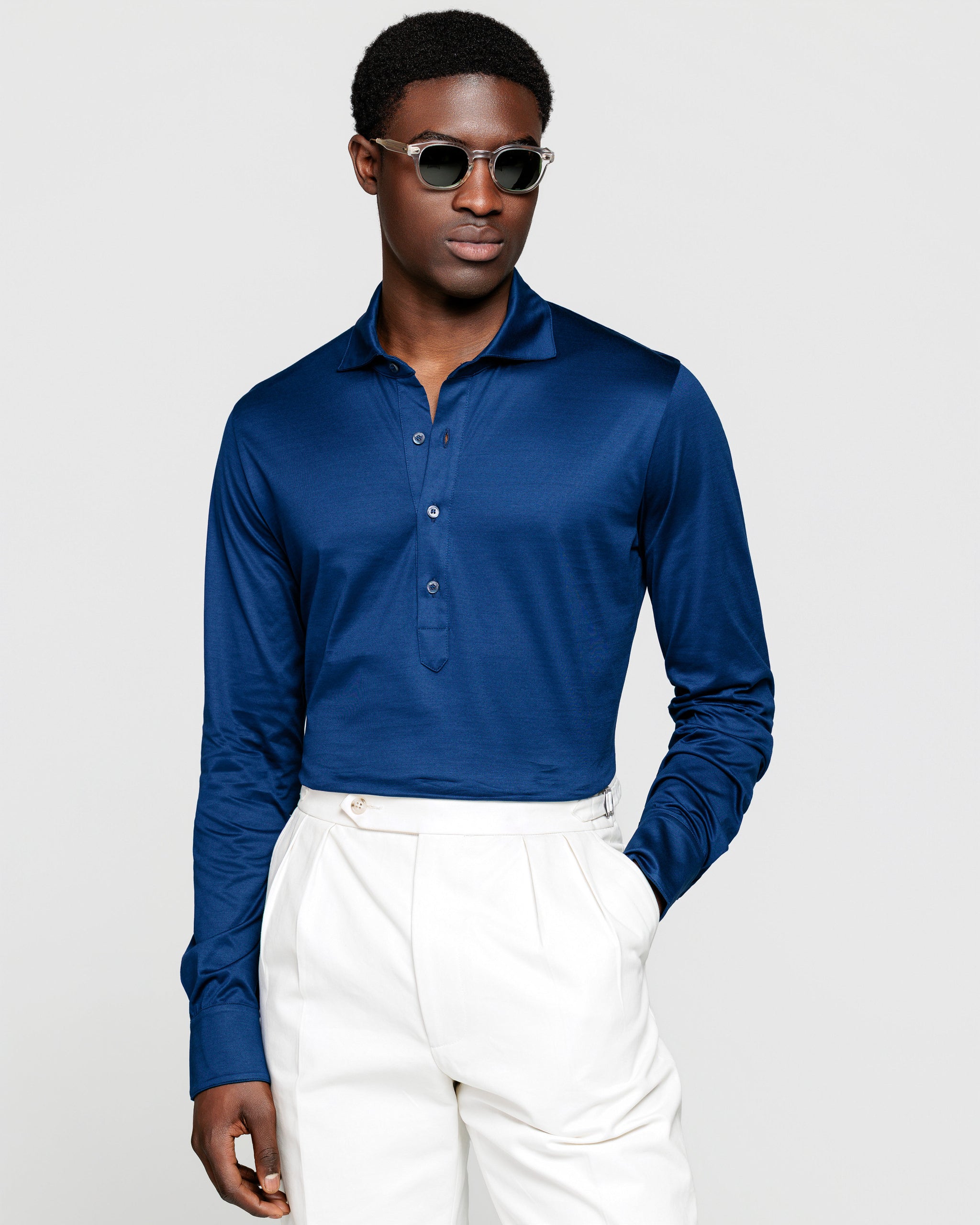 Polo Camicia manica lunga tinta unita Blu Marino 100% Cotone egiziano | Filatori