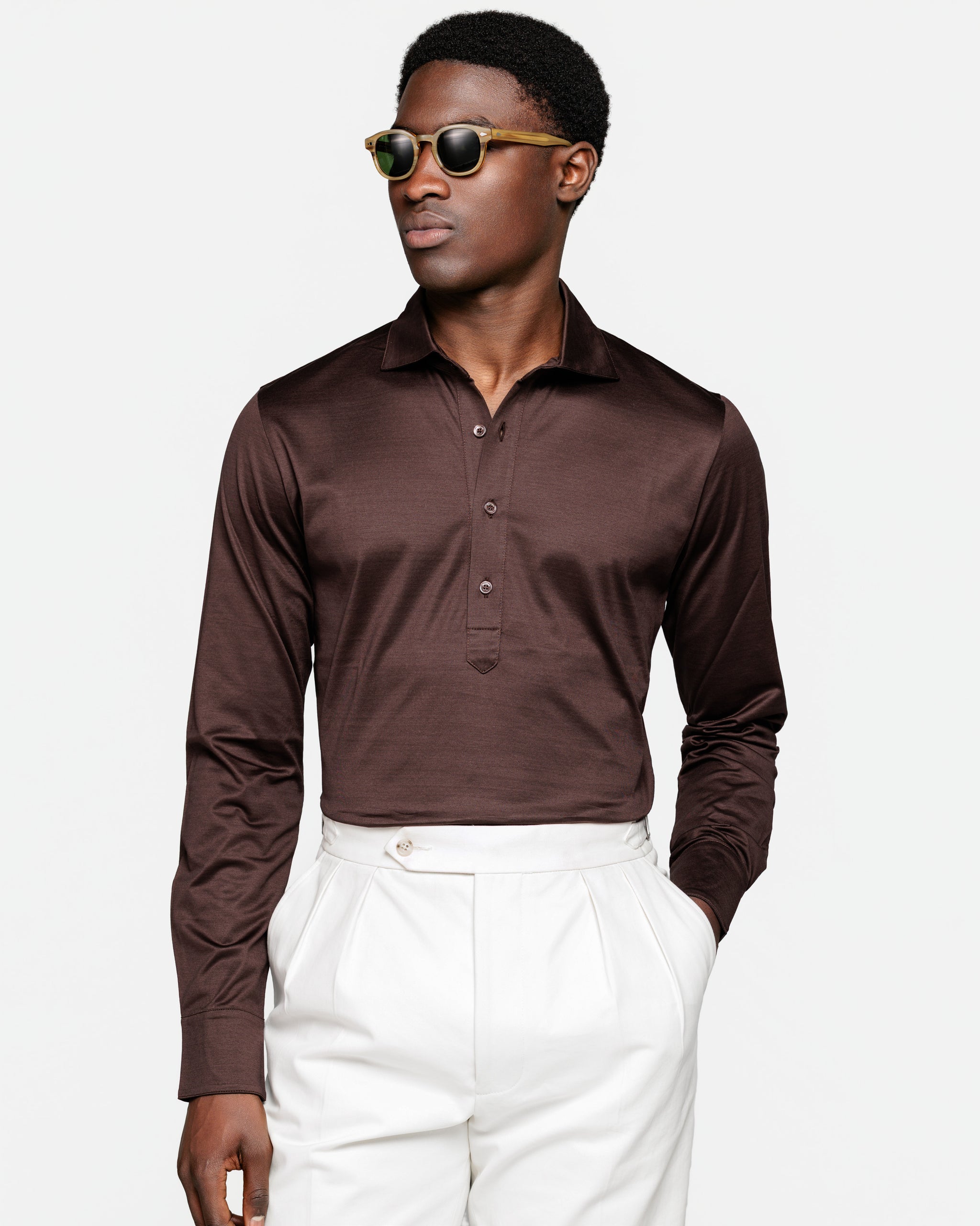 Polo Camicia manica lunga tinta unita Marrone 100% Cotone egiziano | Filatori