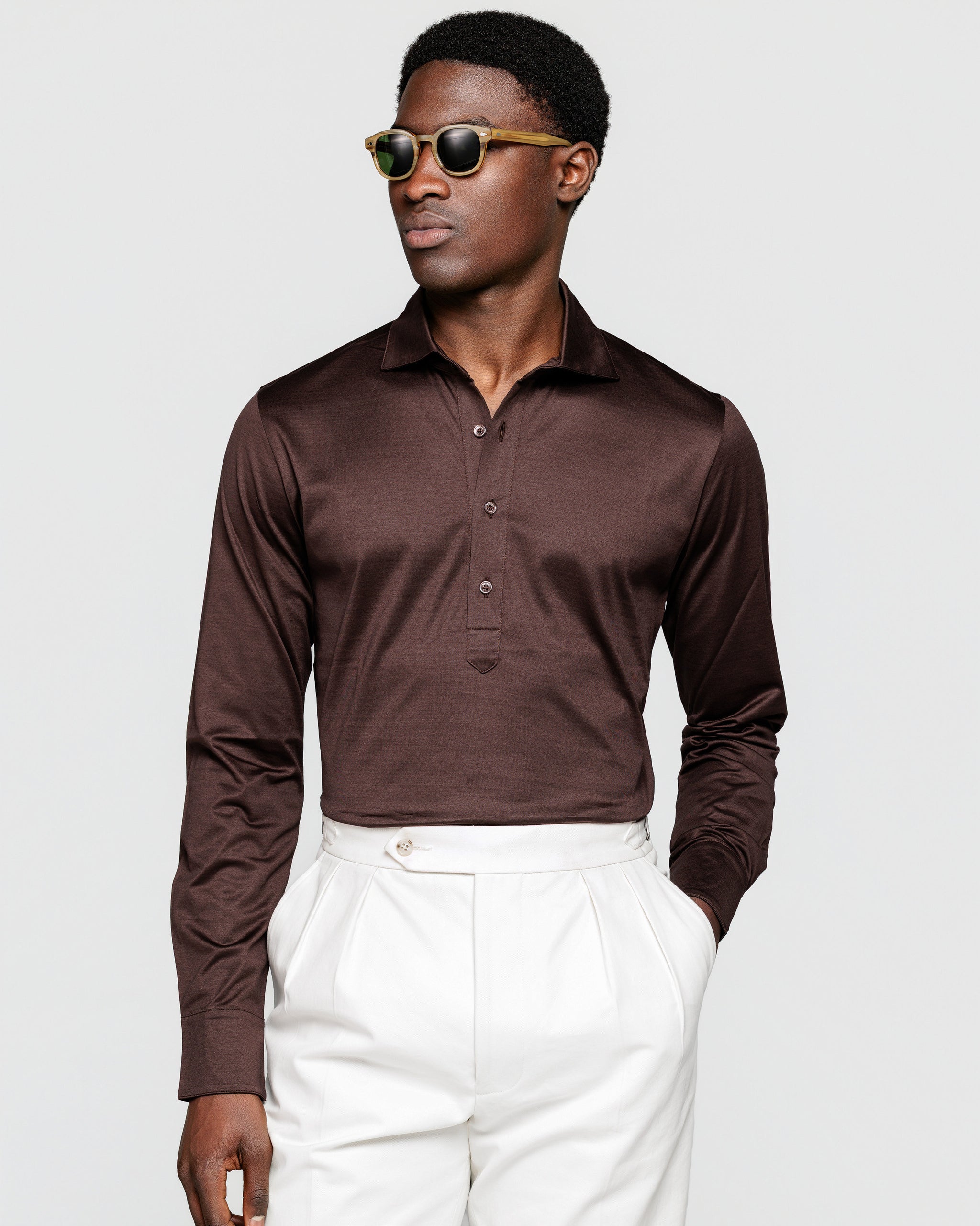 Polo Camicia manica lunga tinta unita Marrone 100% Cotone egiziano | Filatori