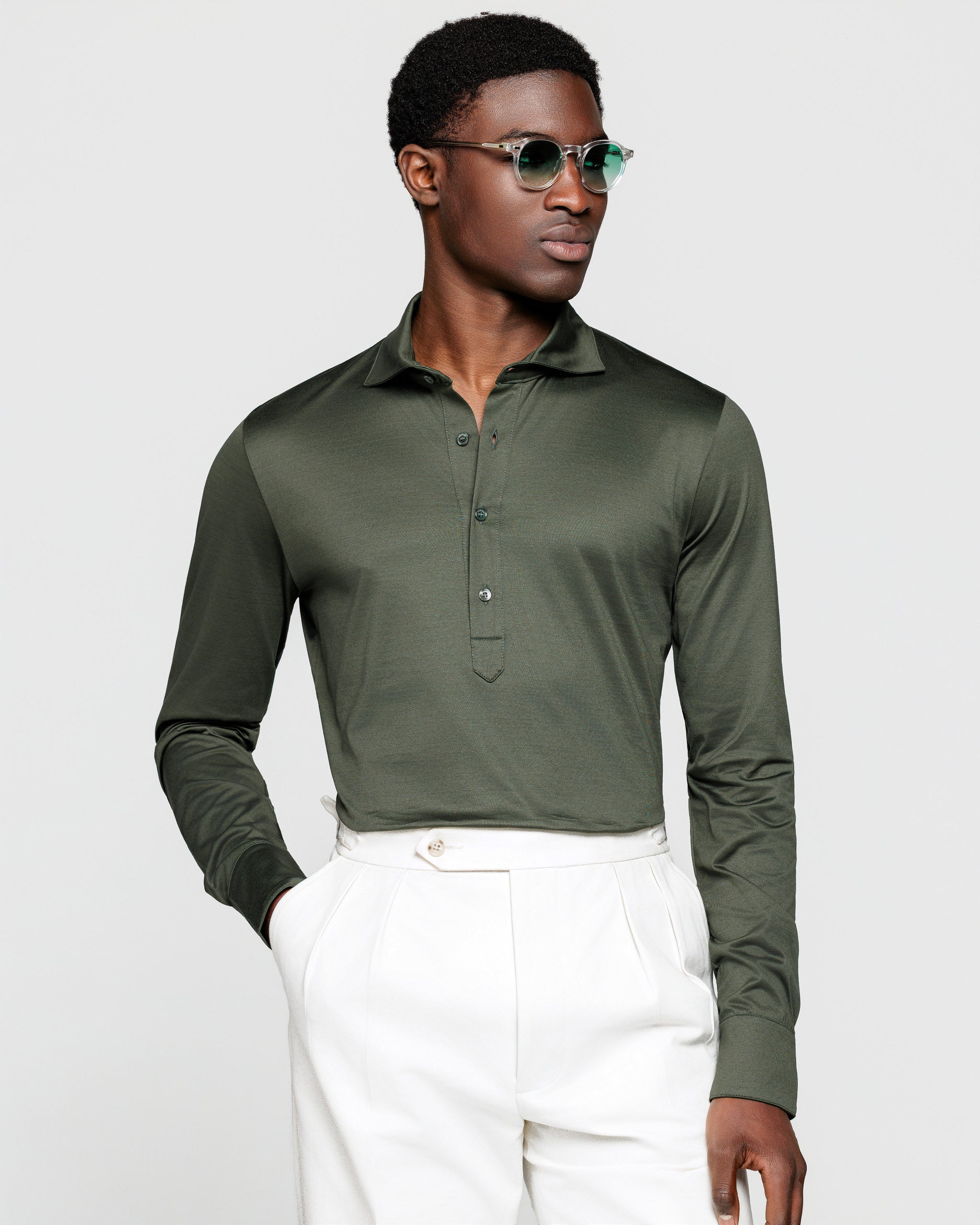 Polo Camicia manica lunga tinta unita Verde Militare 100% Cotone egiziano | Filatori