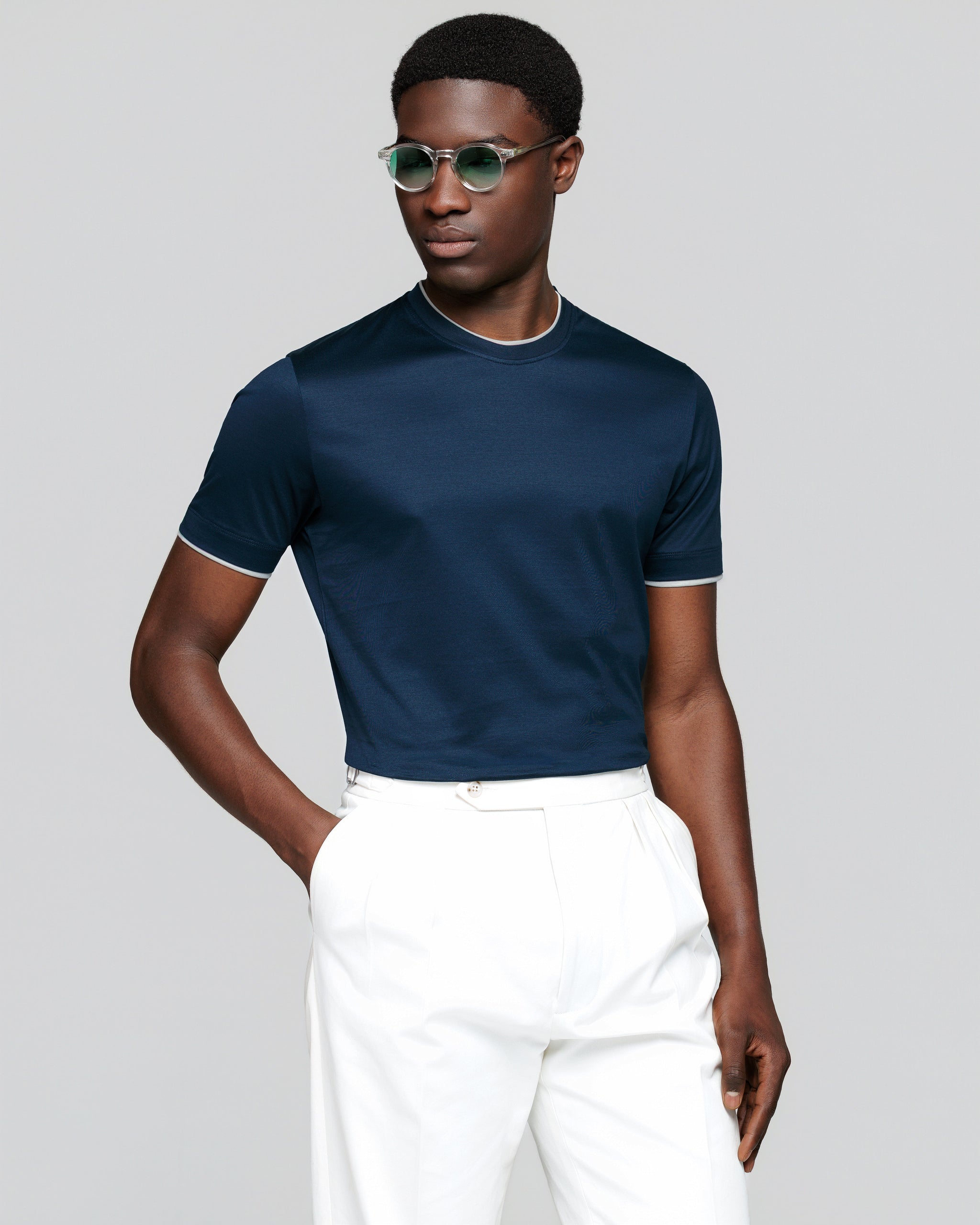 Blue Short Sleeve T-Shirt with Pearl Grey Faux Layering 100% Egyptian Cotton | Filatori 