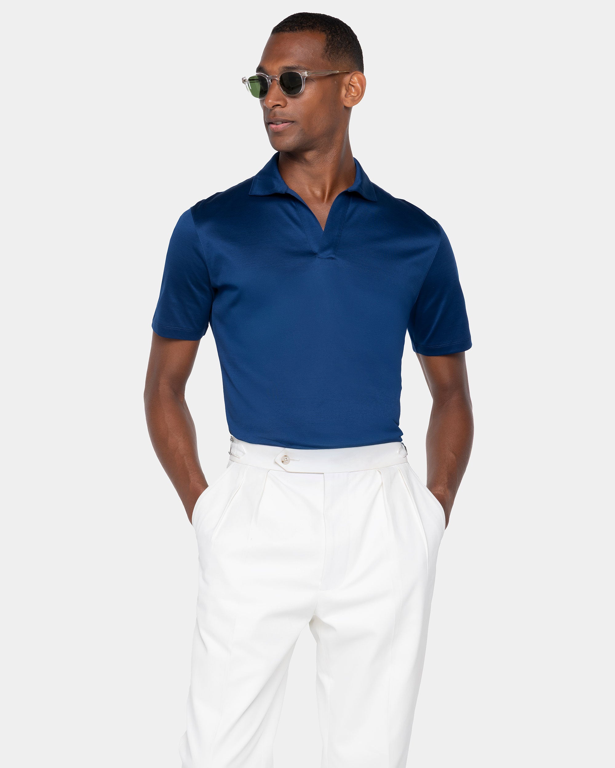 Polo senza bottoni manica corta tinta unita Blu Marino 100% Cotone egiziano | Filatori
