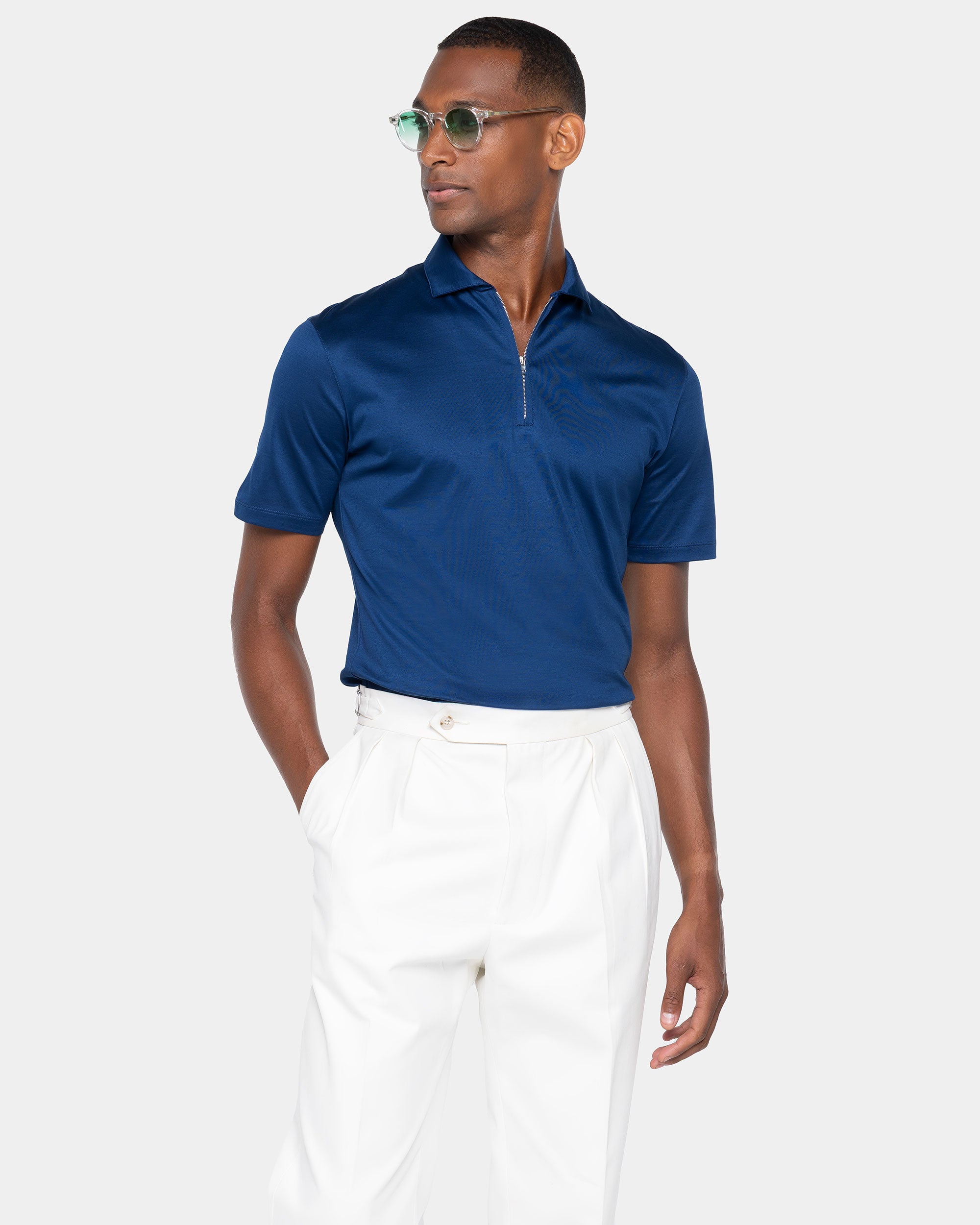 Blue Marine Short Sleeve Half Zip Polo 100% Egyptian Cotton | Filatori