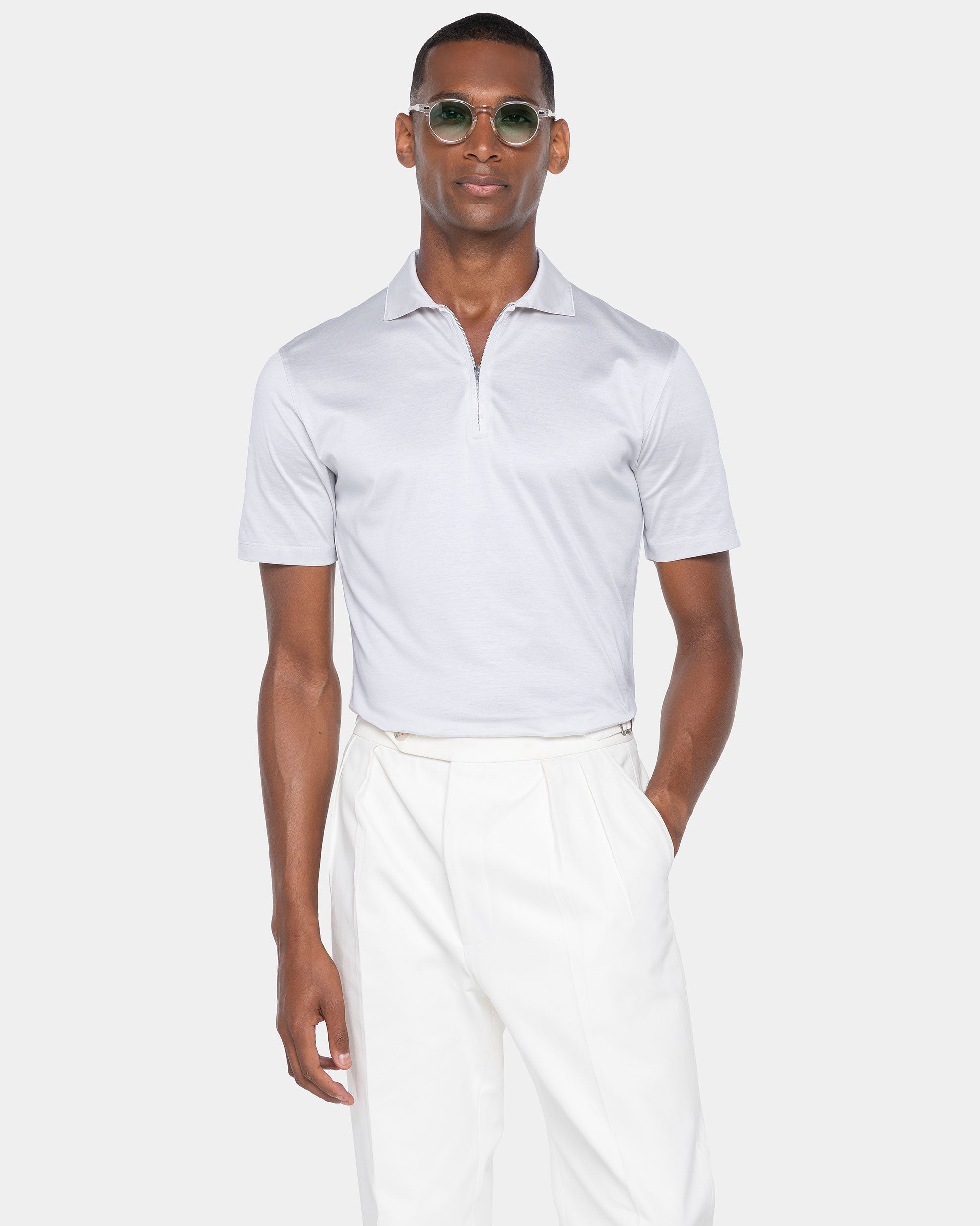 Pearl Grey Short Sleeve Half Zip Polo 100% Egyptian Cotton | Filatori
