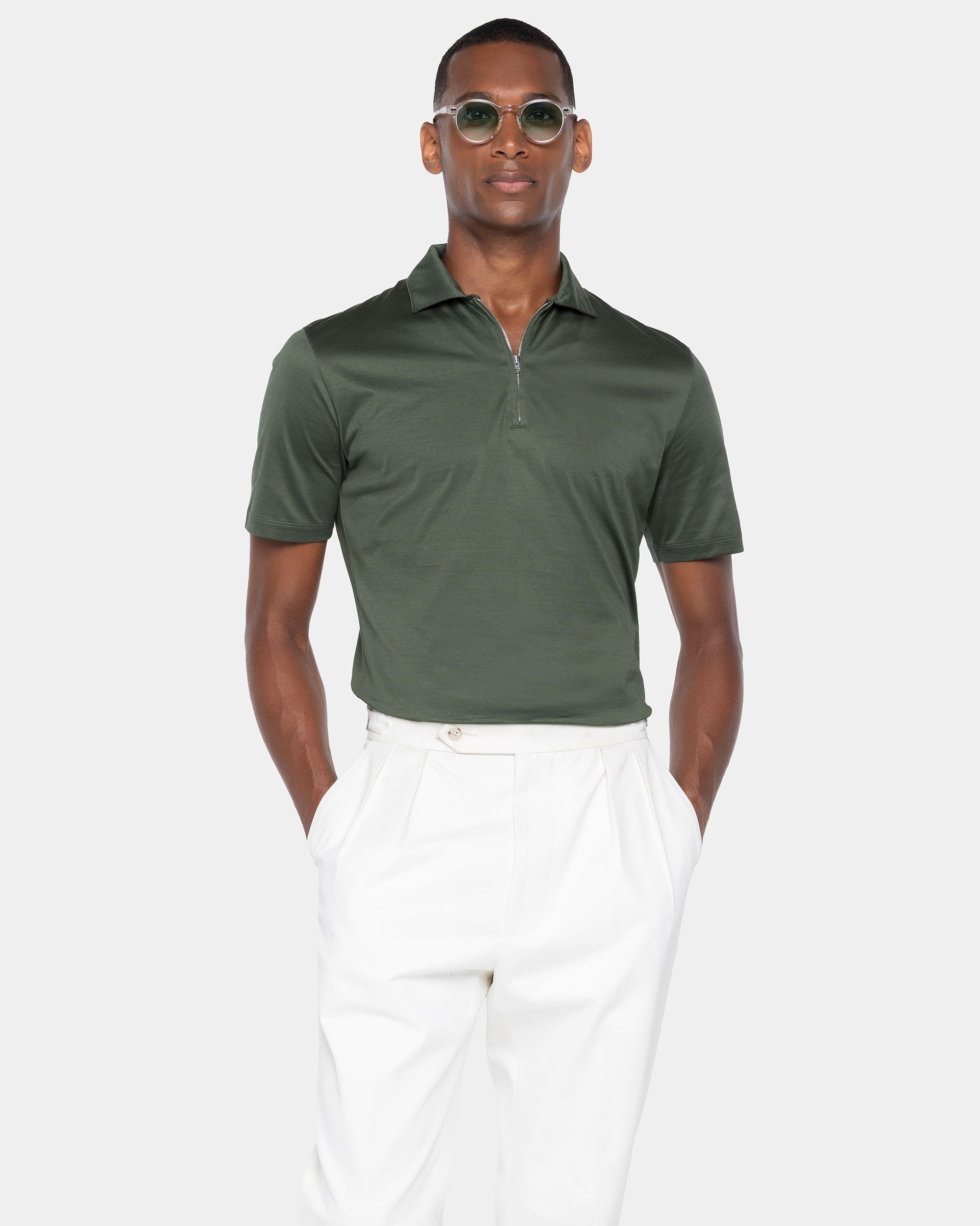 Polo mezza zip manica corta tinta unita Verde Militare 100% Cotone egiziano | Filatori