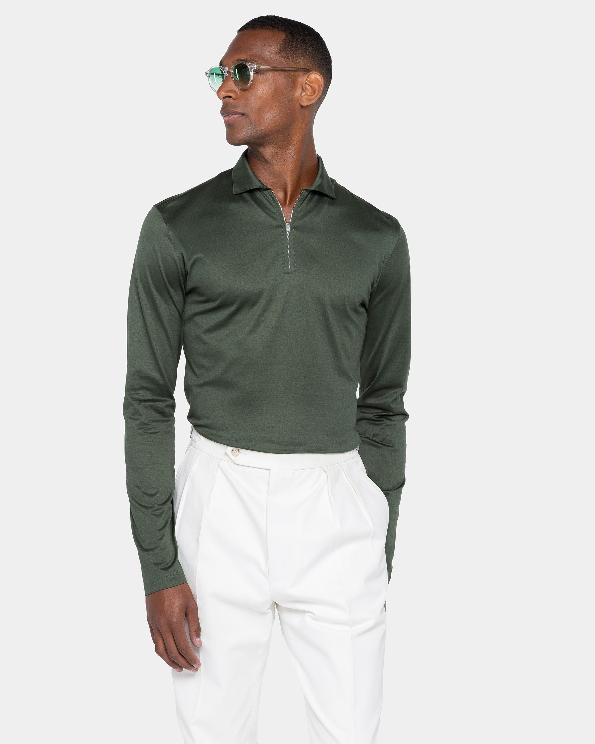 Polo mezza zip manica lunga tinta unita Verde Militare 100% Cotone egiziano | Filatori