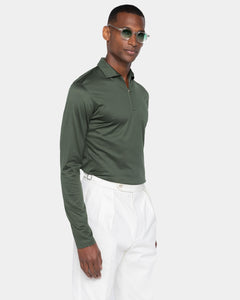 Polo mezza zip manica lunga tinta unita Verde Militare 100% Cotone egiziano | Filatori