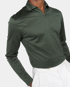 Polo mezza zip manica lunga tinta unita Verde Militare 100% Cotone egiziano | Filatori