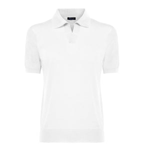 maglia uomo manica corta tinta unita bianco collo polo con stile sartoriale in tessuto 60% cotone biologico organico 40% seta pregiata lucente brillante prezioso pregiato Filatori su misura made in Italy fronte