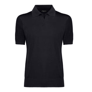 maglia uomo manica corta tinta unita nero collo polo con stile sartoriale in tessuto 60% cotone biologico organico 40% seta pregiata lucente brillante prezioso pregiato Filatori su misura made in Italy dettaglio capo integrale wholegarment shimaseiki